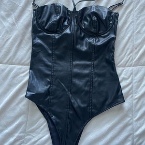 ZARA- Black faux leather strappy bodysuit